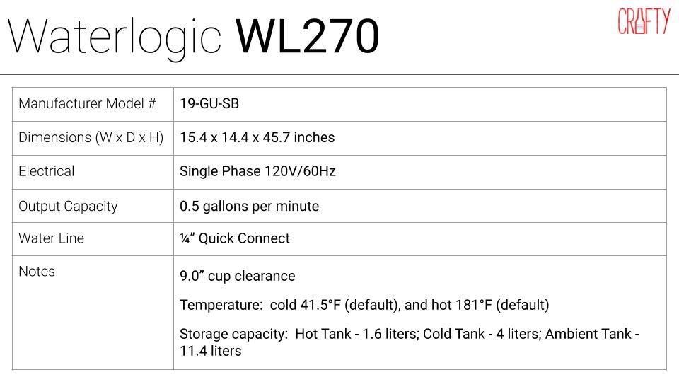 Waterlogic WL270 office water machine specs
