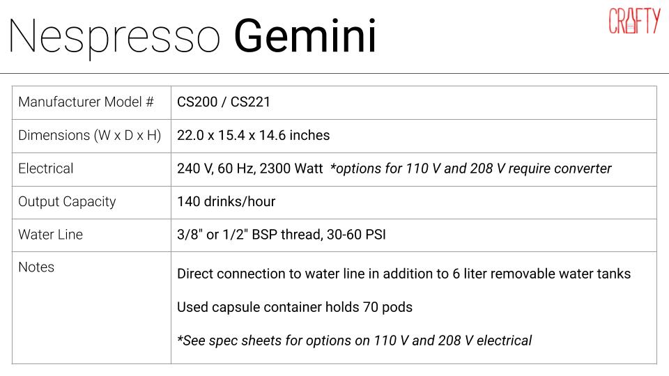 Nespresso Gemini office coffee machine specs