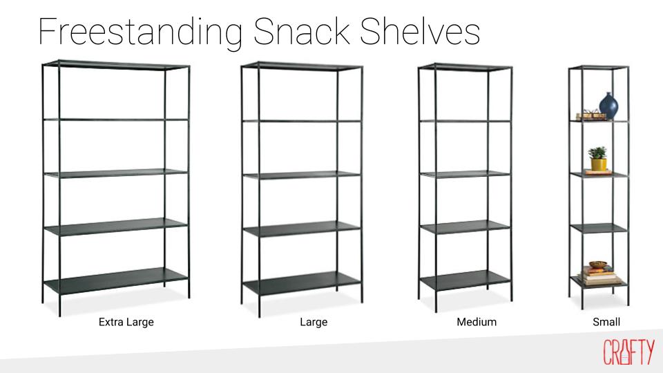 Fee standing snack shelves in various sizes
